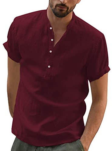 YAOBAOLE Camicia Lino Uomo Manica Corta Collo Mao Camicia Estate Uomo Leggero in Cotone Lino Camicia Da Spiaggia Classica Casual Henley Shirt, Vino rosso, M