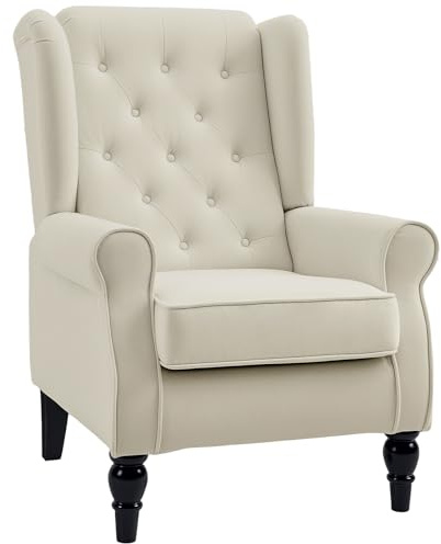 HOMCOM Wingback Accent Chair Snow Flannel Armchair High Back Cream White