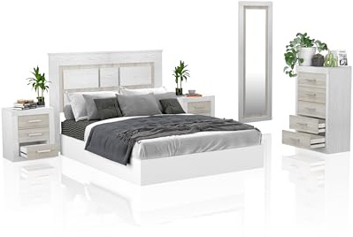 duehome | Conjunto de Dormitorio Kira 5c con Cabecero, 2 Mesitas de Noche, Sinfonier y Espejo, Acabado en Andersen Pino y Gris