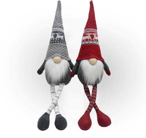 Lemodo Kantenhocker Wichtel, Weihnachtswichtel als 2er Set, Wichtel Figur 49,0 cm hoch, Tomte mit Strickmützen, GNOME als schöne Weihnachtsdeko, Deko für drinnen