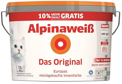 Alpinaweiß Das Original – optimal deckende und ergiebige weiße Wandfarbe – mit Spritz-Schutz-Formel – 11 Liter