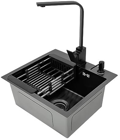 TESUGN Diskbänk svart 40 x 45 cm, rektangulär diskbänk i rostfritt stål, modern rostfri diskbänk, diskbänk med kran 360° vridbar utdragbar kran