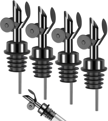 4 Pack Professional Olive Oil Dispenser Spout Stainless Steel Pour Spouts, Weighted Olive Oil Spout with Auto Flip Dust Caps for Pouring Wine Alcohol Olive Oil Bar Bartender Accessories Black