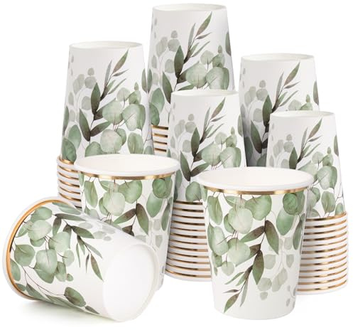 RUSPEPA 50 Stück Grün-Pappbecher – 9 oz Eukalyptus-Einwegbecher, Kaffeebecher, Trinkbecher für Heiß-/Kaltgetränke für Wassersaft, perfekt für Zuhause, Büro und Partybedarf