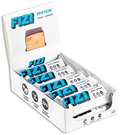 FIZI Barritas de Alta Proteína - Chocolate + Almendra 10 x 45 g - Barritas Veganas - 12% Proteína Vegetal - Sin Azúcar - Sin Lácteos, Aceite de Palma