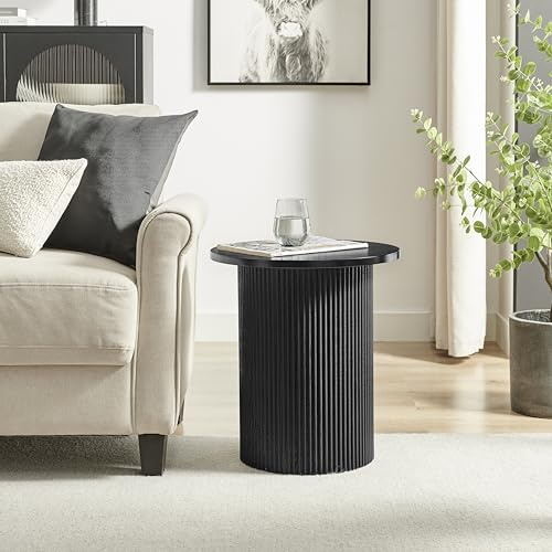 Furniturebox UK Side Table - 'Penrose' Black 60cm Round Wooden Pedestal End Table - Melamine Veneer - Slatted Wood Pillar Leg Modern Minimalist Scandi Japanese Influence Living Room Furniture
