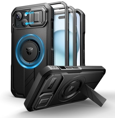 Dexnor Coque Compatible avec iPhone 15 Magnétique avec Couverture de Caméra Coulissante & Support Réglable & Film de Protection D'écran Intégré, Boîtier de Pare Chocs Robuste - Noir
