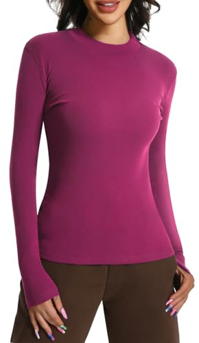 EBANKU Maglia a maniche lunghe da donna, a collo alto, aderente, taglio sottile, tinta unita, elasticizzata, Colore: rosa., S