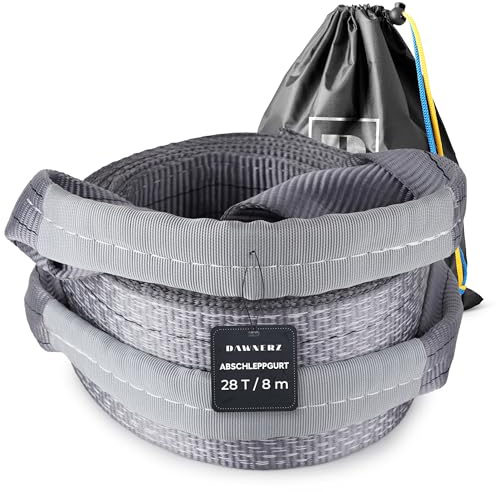 Dawnerz Corde de remorquage Robuste de 28 tonnes - Résistance à la Rupture - 8 m - Sangle de remorquage d'urgence avec Boucles Triple renforcées - Corde de remorquage Tout-Terrain Haute Performance