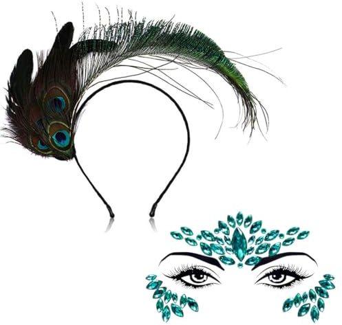 boocooberg Haarreif Pfau,Feder Stirnband Karneval,Pfau Haarband für Damen,Pfau Haarschmuck+Glitzersteine Gesicht,Haarreif Karneval,Glitzersteine Selbstklebend,Maskerade Karneval Party Zubehör