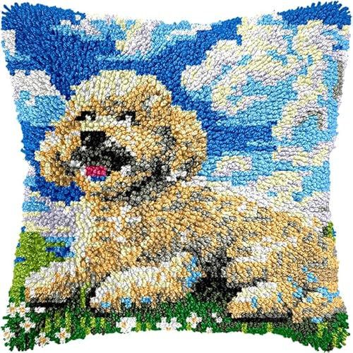 WallustrioaW Tier Hund Knüpfkissen-Set,Pudel auf dem Gras,für Kinder oder Anfänger Erwachsene zum Selber Knüpfen,DIY Knüpfteppich Knüpfpackung,Knüpfhaken Set,43x43cm
