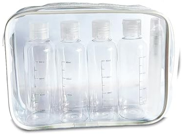 Trousse de Toilette Voyage Transparente - Set Flacon 100ml & Flacon Spray Vide, Kit Avion Contenant cosmetique, Bouteilles Vide pour Liquides Shampoo, Creme, Lotion