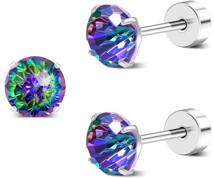 ZDE Titanium Femmes Flatback Boucles d'oreille AAAA + Cubique Zirconia Argent CZ Simulé Diamant Boucles d'oreille Stud Hypoallergénique Cartilage Boucle d'oreille 6mm