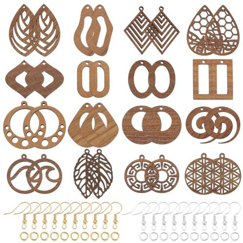 CRAFTYMELODY Set Zur Herstellung Baumelnder Ohrringe Aus Holz Zur Schmuckherstellung Mit 32 Stück Holzanhängern Hohlen Blattanhängern 32 Stück Ohrringhaken 60 Stück Biegering