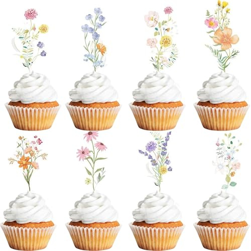 36 Pcs Flower Cupcake Toppers, Assorted Flower Cupcake Decorations DIY Dessert Cupcake Decoration Suitable for Flower Themed Birthday Party Cake Decorations - Style 2
