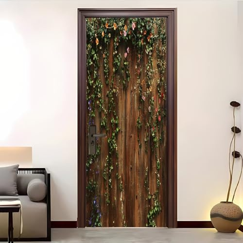 3D Kreative Türaufkleber 77x200 cm Vintage Holzwand Türfolie Selbstklebend - Wasserdicht Abnehmbare Vinyl Fototapete Türposter, WeinblüTen DIY Türtapete Selbstklebend für Innentüren