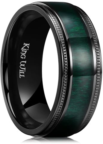 King Will Anillo de titanio plateado de 8 mm con incrustación de madera, anillo de boda para hombres, bordes biselados pulidos a alto brillo, ajuste cómodo, Metal no precioso, Sin piedra preciosa