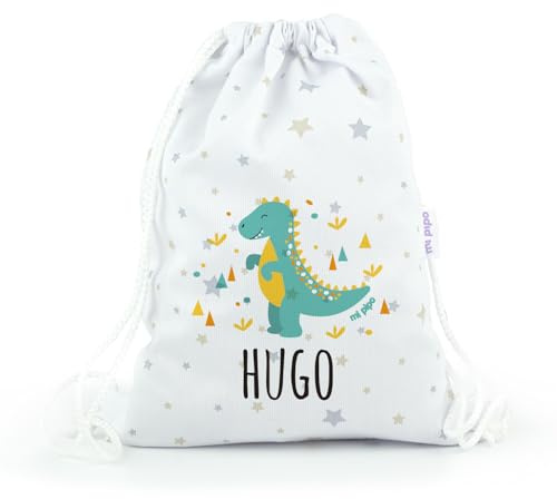 Mi Pipo - Mochila Saco Personalizada Petate - Dinosaurio | Mochila Tela Guarderia Pique 100% Algodón, con Nombre | 0-3 Años, Cierre y Asas de Cordón | Fácil Limpieza y Diseño Exclusivo