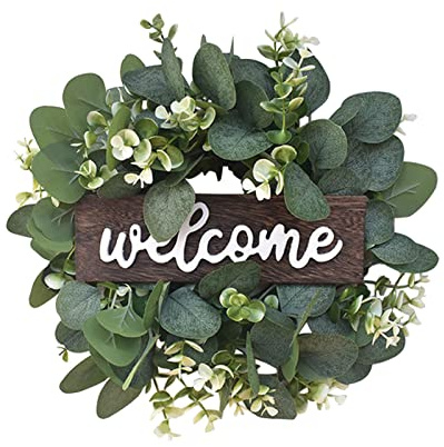Ragyzity Artificial Green Leaf Eucalyptus Wreath, 35 cm /13.8inch All Seasons Door Wreath with Welcome Sign, Outdoor Ornaments for Home Bedroom Wall Party and Festival Celebration Decor
