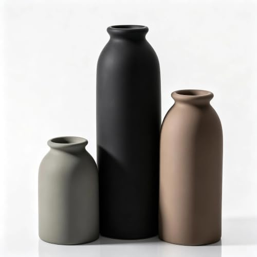 Moderne Matte Keramik Vasen Set, 3-teilig, Grau Schwarz Beige, Dekorative Flaschenform, Minimalistische Dekorative Blumenvasen für Wohnzimmer