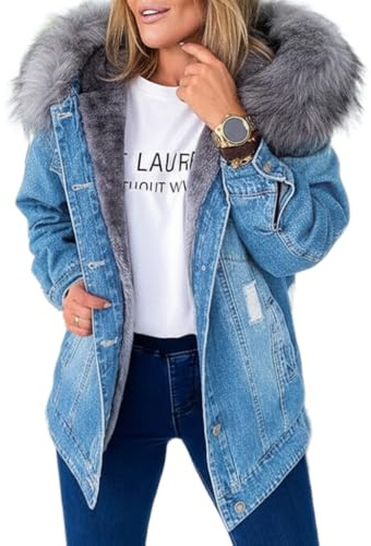 Juankrynord Giacca in denim calda da Donna a maniche lunghe con bottoni per feste all'aperto stile retrò con collo in pelliccia foderata in pile spessa e calda (Blu,M)