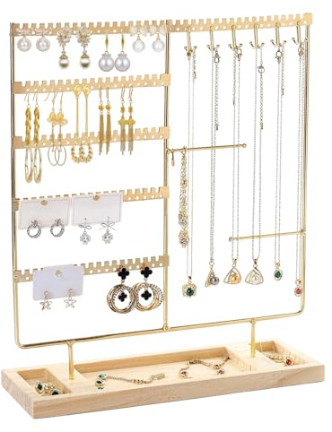 Sekfpnk Schmuckständer, Metall Kettenständer Schmuck, Schmuckhalter mit Schmucktablett, zur Aufbewahrung von Halsketten, Ohrringen, Ringen, Uhren und anderem Schmuck (Gold)