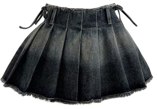 GORGLITTER Women's Y2K Pleated Mini Jean Skirt Zipper Raw Hem Ruffle Music Festival Flared Denim Skirts Blue Large