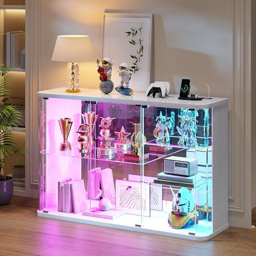FREDEES Glass Display Cabinet with RGB Lights, White | Charging Station, Smart Human Sensor, Curio Shelf with Large Storage for Action Figures/Trophy/Medal