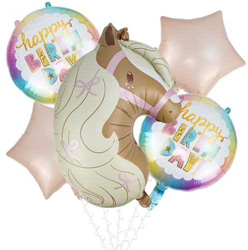 NISENTIA 5 Stück Pferde Luftballon Set, Pferde Deko Geburtstag Mädchen XXL Folienballon Pferdedeko Fuer Kindergeburtstag Luftballon Geburtstagsdeko Mädchen Kindergeburtstag Pferdegeburtstag Deko