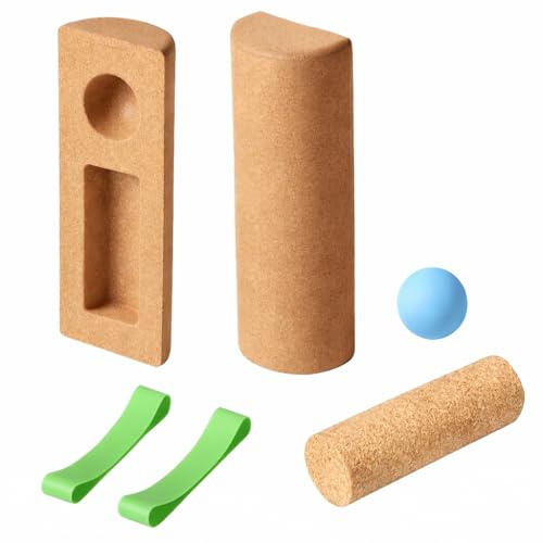Cork Balance Board 4-in-1 Set with Balance Blocks, Roller, Massage Ball & Toe Bands, Natural Cork Ankle Balance Board for Adult Foot Function Training 11.6''x3.7''