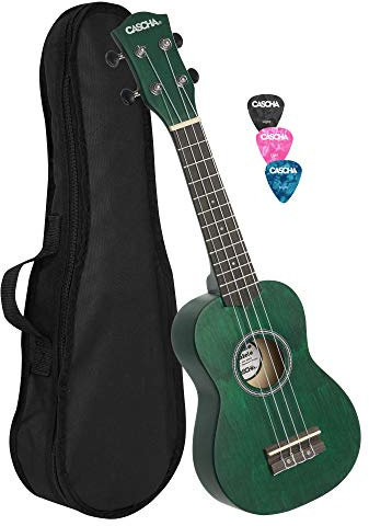 CASCHA Sopran Ukulele Set für Kinder und Erwachsene - Starter Kit mit 3 Plektren, Tasche und Aquila Saiten - Kleine Hawaii Gitarre für Anfänger und Fortgeschrittene - Grün