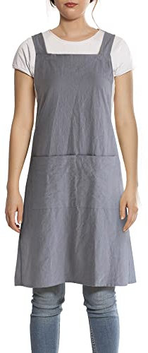 FBBULES Delantal de Cocina con Bolsillos Algodón Lino de Color Sólido Japón Estilo Delantales Pintura Horneando Trajes de Trabajo para Hombres Mujeres Cocinar y Jardineria,Gris