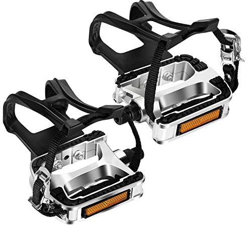 VIEWALL Fahrradpedale Zehenkäfige 9/16 Spin Bike Pedale mit Riemen und Zehenclips für Outdoor-Radfahren und Indoor-Heimtrainer, Ersatz MTB Mountainbike Pedale Fahrrad aus Aluminium (Silber, 1-Paar)