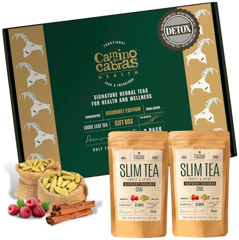 Coffret Thé Cadeau - Chai Tea & Slim Tea - The Noir Assam, Gingembre, Ortie, Cannelle, Curcuma, Poivre Noir, Framboise, Cardamome – Idéal pour le Chai Latte - Thé Épicé en Vrac 2 x 100g
