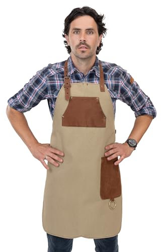 Kochschürze aus hochwertigem Canvas Tuch & Echtleder – variable Grillschürze mit Leder-Riemen – Schürze für Küche, BBQ & Barista - Hayden (Canvas-Beige)