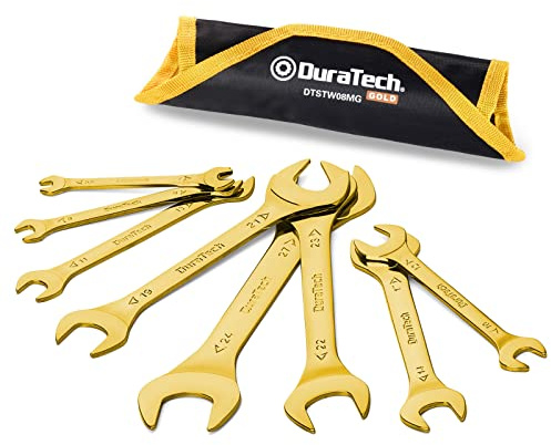DURATECH Super-Thin Open End Wrench Set, Metric, 8-Piece, 5.5mm to 27 mm, Titanium Plating, Slim Spanner Set with Rolling Pouch