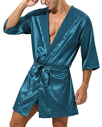 LiiYii Robe de Chambre Kimono Japonais Homme en Satin Peignoir de Bain avec Capuche Vêtements de Nuit Manches Courtes Ensembles de Pyjama M-XL Bleu A L