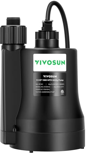 VIVOSUN Submersible Water Pump, 1/3HP 1980GPH Utility Pump, Thermoplastic Sump Pump with 10ft Cable, Compact and Portable, Ideal for Ponds, Basements, Swimming Pools, Hot Tubs Draining