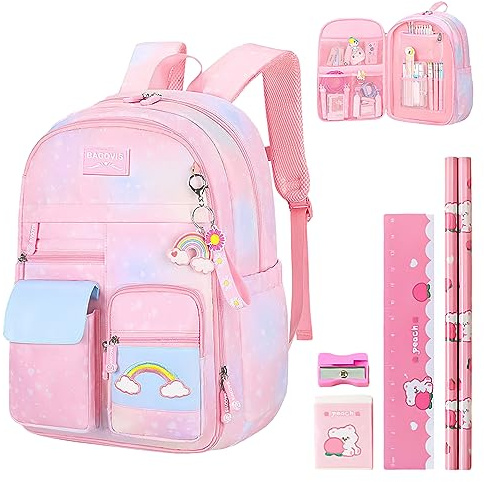 Aedcbaide School Bags for Girls with Stationery Set, Refrigerator Door Kids Backpack Rucksack for Primary School, Lightweight Pink School Bag for 8-10 Years Old (Girls, Pink)