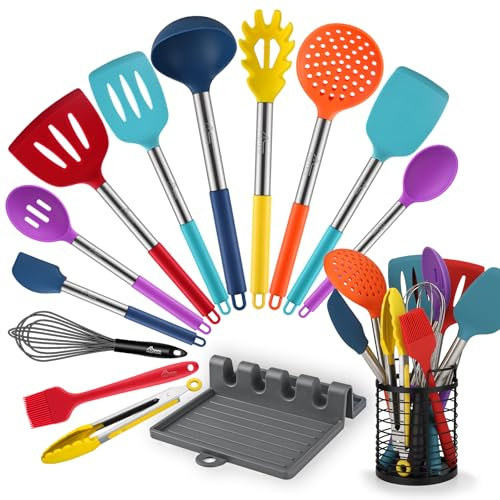 HOTEC 446°F Heat Resistant Silicone Kitchen Utensils, Cooking Utensil Set, Spatula Set, BPA Free, Kitchen Gadgets, Utensils Holder, Dishwasher Safe, 14pcs Multicolor