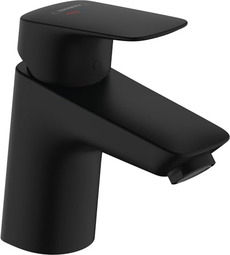 hansgrohe Logis - Waschtischarmatur mit Zugstange, energiesparend (CoolStart), Wasserhahn Bad mit Auslauf Höhe 70mm, Mischbatterie Waschbecken wassersparend (EcoSmart), Mattschwarz