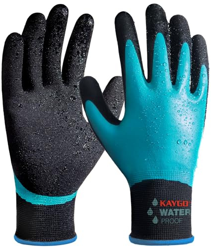 KAYGO guantes de trabajo impermeables para hombres y mujeres, recubrimiento de látex doble, súper agarre antideslizante, para jardinería, lavado de coches, pesca (Azul, M, talla 8, 1 par)
