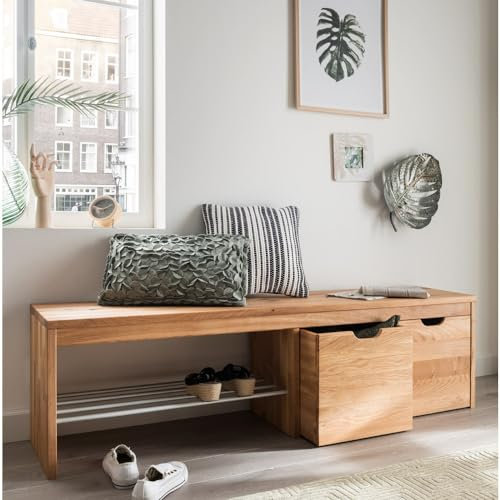 Lomadox Massivholz Eiche Flurbank Schuhbank Garderobenbank Schuhtruhe 2 Schubkästen Schuhablage 160x45x40 cm