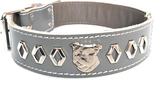 Staffy Hundehalsband, Leder, dekoratives Design und Staffordshire Bullterrier-Kopf-Motiv, 3,8 cm breit, Größe M 45,7 cm – 55,9 cm, Grau