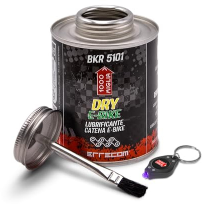Errecom BKR 5101 E-BIKE DRY Lubricante Cadenas de Bicicletas eléctricas para senderos secos y polvorientos - 400 ml, fórmula fluorescente y perfumada,Bote All-in-One con cepillo incluido