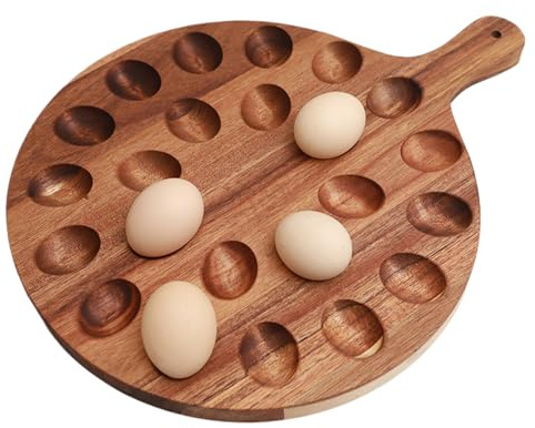 Plato De Huevos Rellenos Bandeja Redonda De Huevos Rellenos De 24 Agujeros Con Asa Portátil Soporte Para Huevos Encimera Soporte Para Huevos De Madera De Doble Cara Para La Cena 16.5*13*0.8 Pulgadas