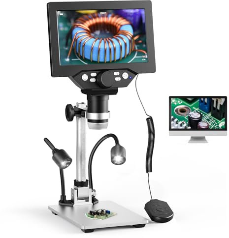 Digital Mikroskop, Couleeur 1200X 1080P Drehbares Höhen Mini Mikroskop, 7 Inch LCD Projektionscomputer mit 2 Einstellbaren Seitenlichtern und 8 LED-Lichtperlen für Elektronische Reparatur