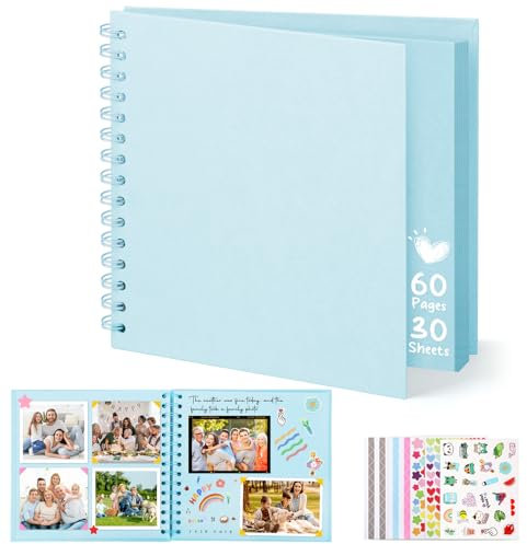DazSpirit Album Photo Scrapbooking, 8-inch Album Photo Personnalisable, Carrée DIY Livre Scrapbooking avec 5 Autocollants, Livre d'or Anniversaire Photo pour Mariage et Bébés, Bleu, 60 Pages