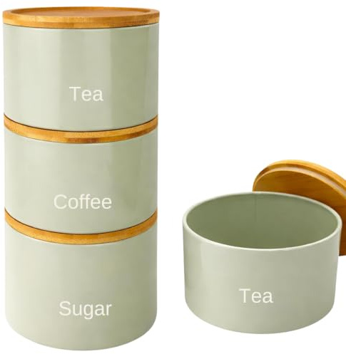 3 Pieces Jar with Wooden Lid Tea Coffee Sugar Canister Storage Container Bowl Pots Kitchen Storage Tins (Sage)