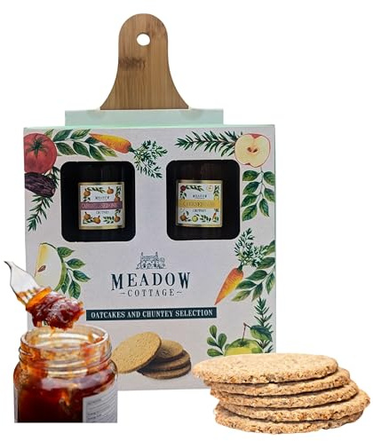 Savoury Snacks Chutneys Gift Set - Oatcakes And Chutney Selection - Caramelised Onion Chutney And Cheeseboard Chutney With Wooden Serving Board - Food Gifts For Cheese Lovers - Christmas Snacks
